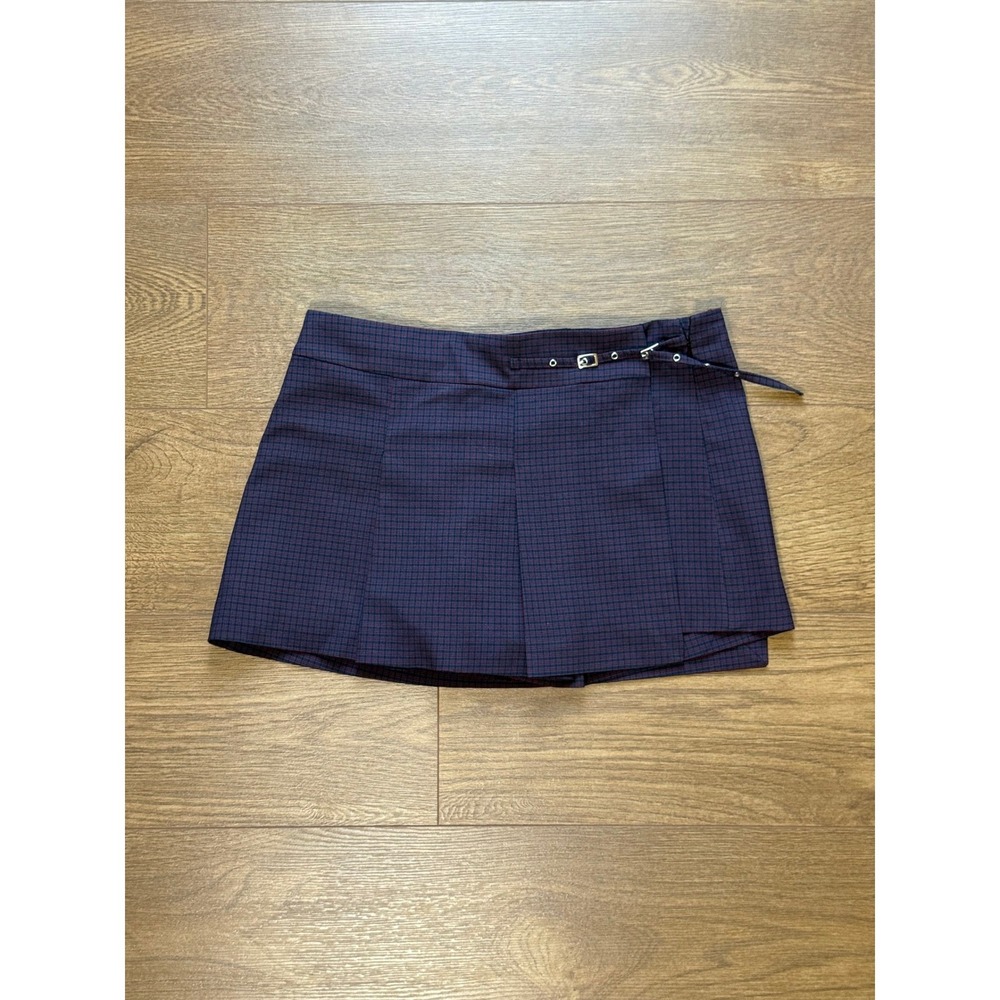 Zara Navy Blue Plaid Wrap Skort with Side Buckle Detail Size M